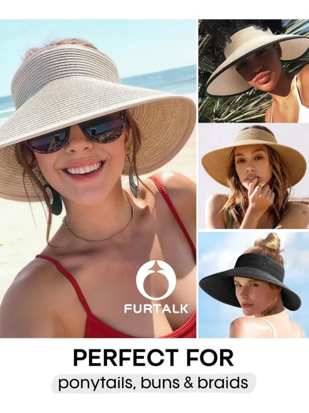 Wide Brim Ponytail Straw Visor Hat | UV Protection, Adjustable, Foldable Beach